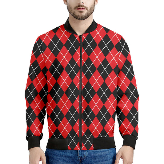 Black And Red Argyle Pattern Print Men's Bomber Jacket