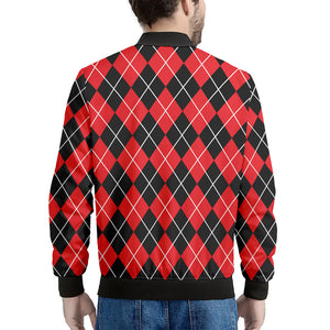Black And Red Argyle Pattern Print Men's Bomber Jacket