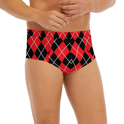 Black And Red Argyle Pattern Print Men's Briefs
