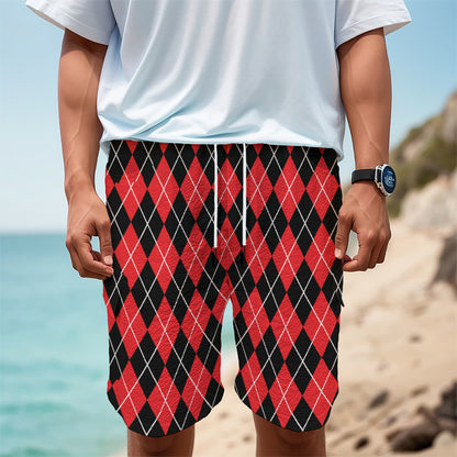 Black And Red Argyle Pattern Print Men's Cargo Shorts