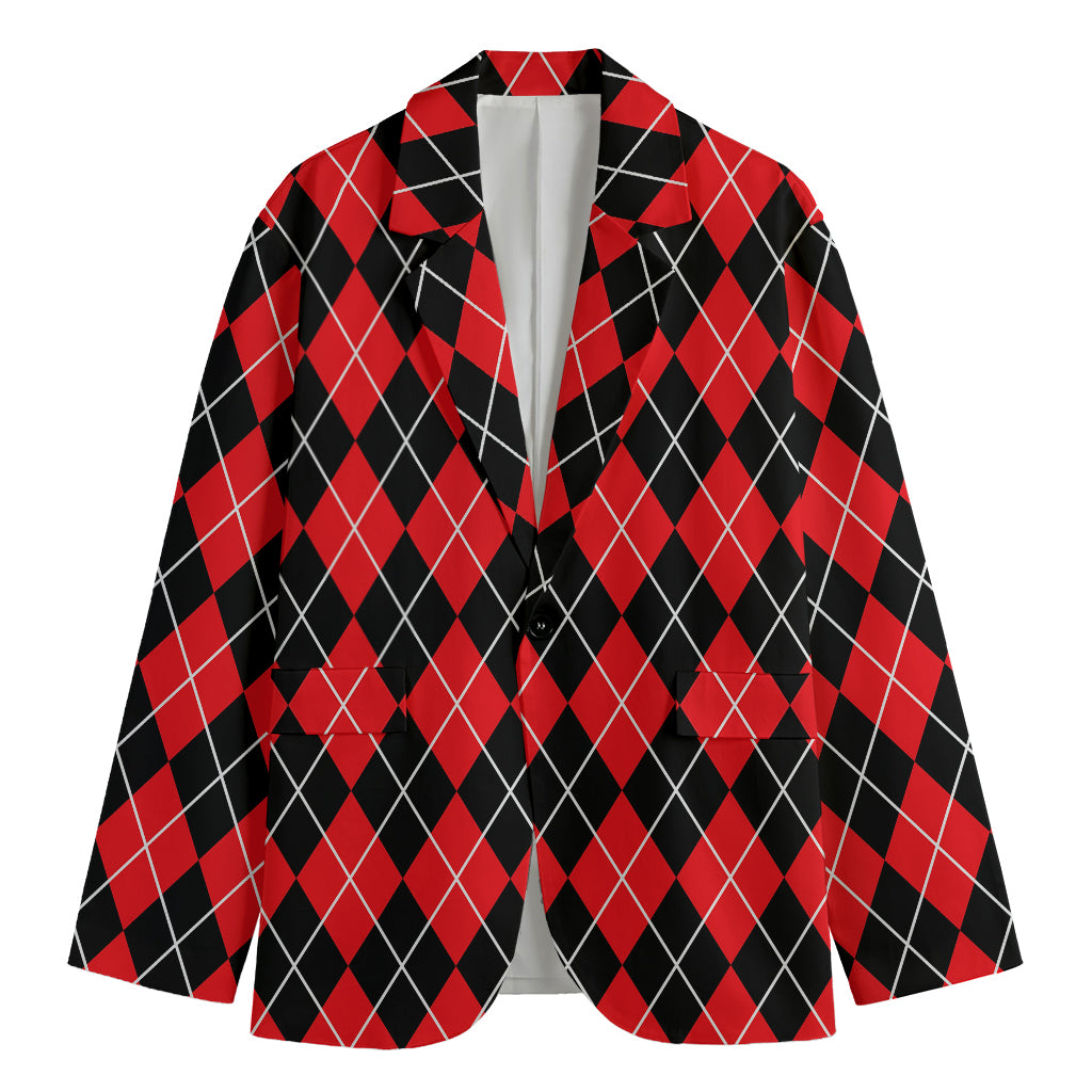Black And Red Argyle Pattern Print Men's Cotton Blazer
