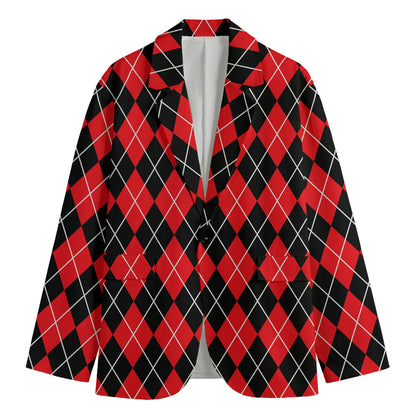 Black And Red Argyle Pattern Print Men's Cotton Blazer