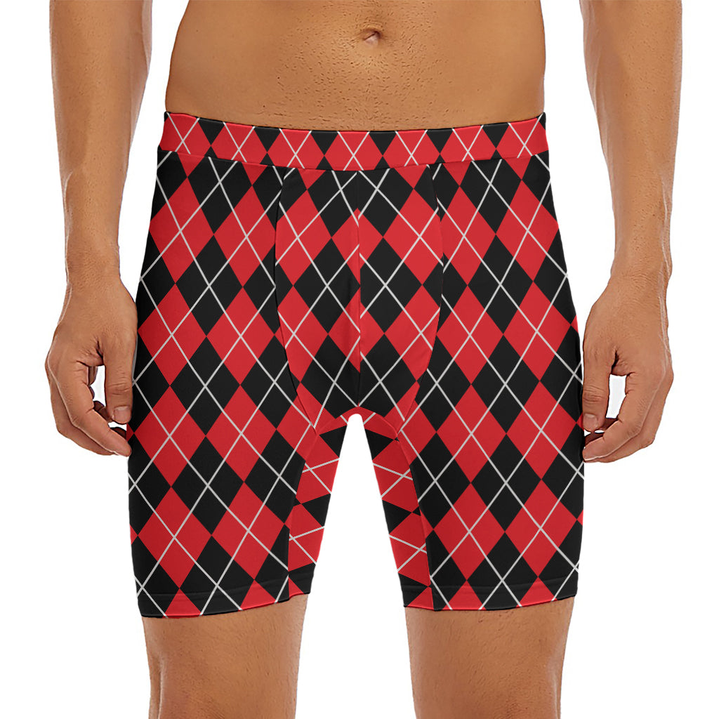 Black And Red Argyle Pattern Print Men's Long Boxer Briefs