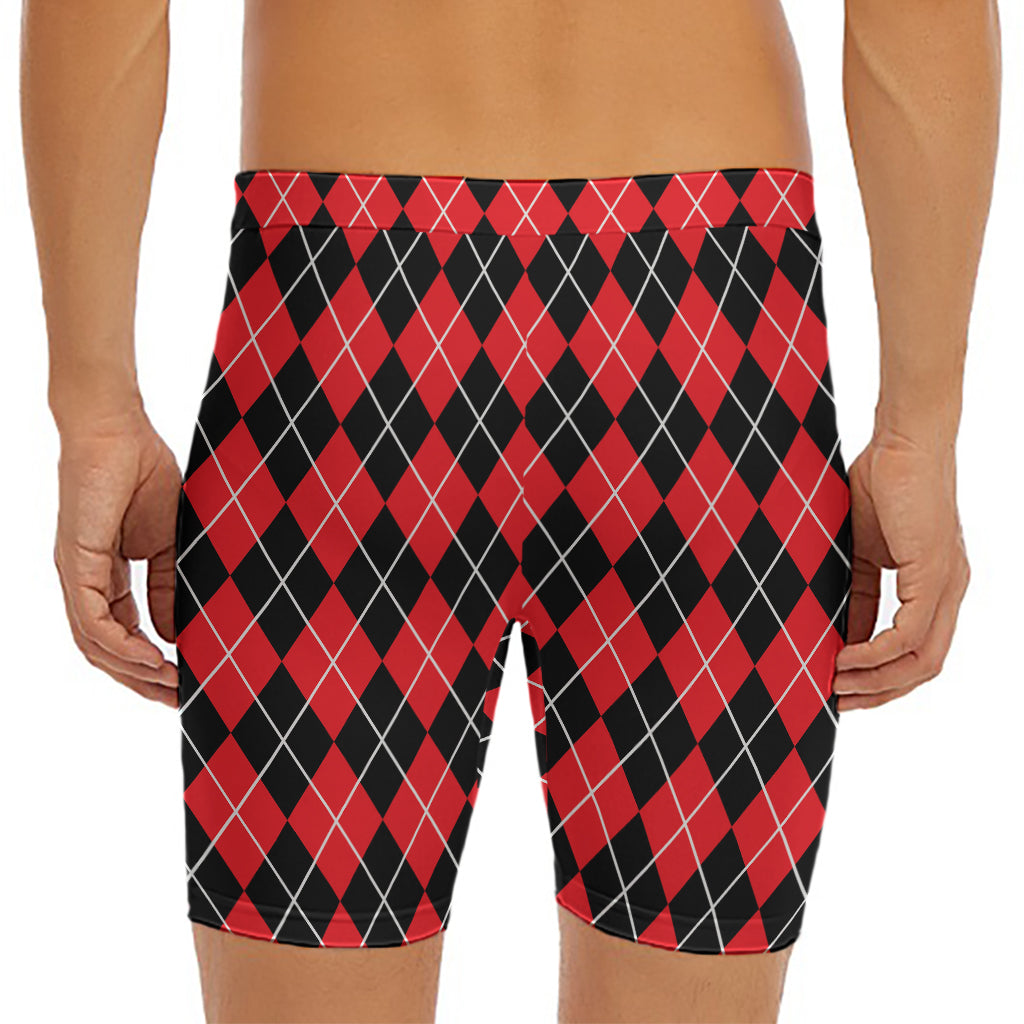 Black And Red Argyle Pattern Print Men's Long Boxer Briefs