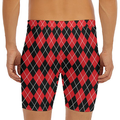 Black And Red Argyle Pattern Print Men's Long Boxer Briefs
