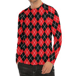 Black And Red Argyle Pattern Print Men's Long Sleeve Rash Guard