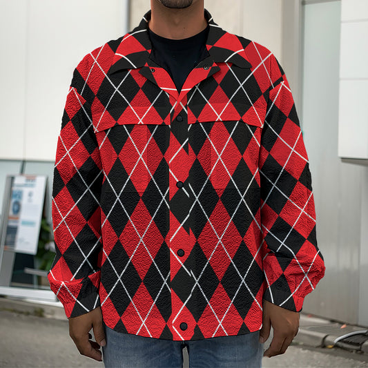 Black And Red Argyle Pattern Print Men's Shirt Jacket