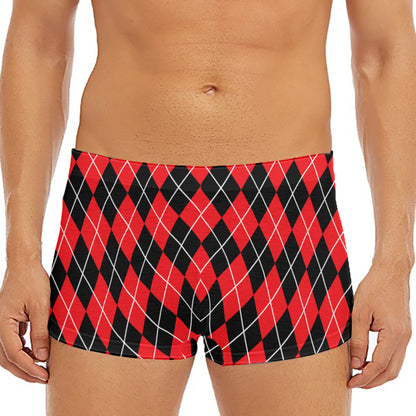 Black And Red Argyle Pattern Print Men's Short Boxer Briefs