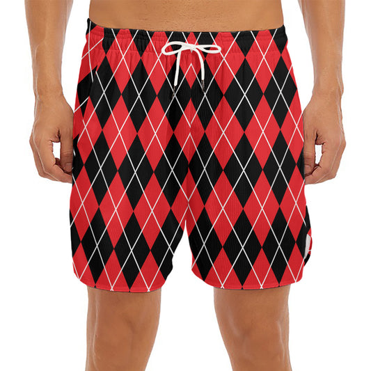 Black And Red Argyle Pattern Print Men's Split Running Shorts