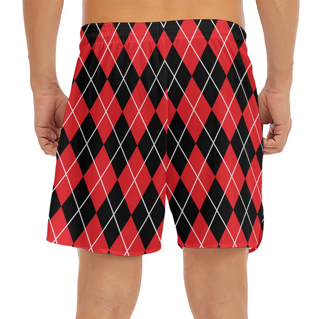 Black And Red Argyle Pattern Print Men's Split Running Shorts