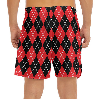 Black And Red Argyle Pattern Print Men's Split Running Shorts