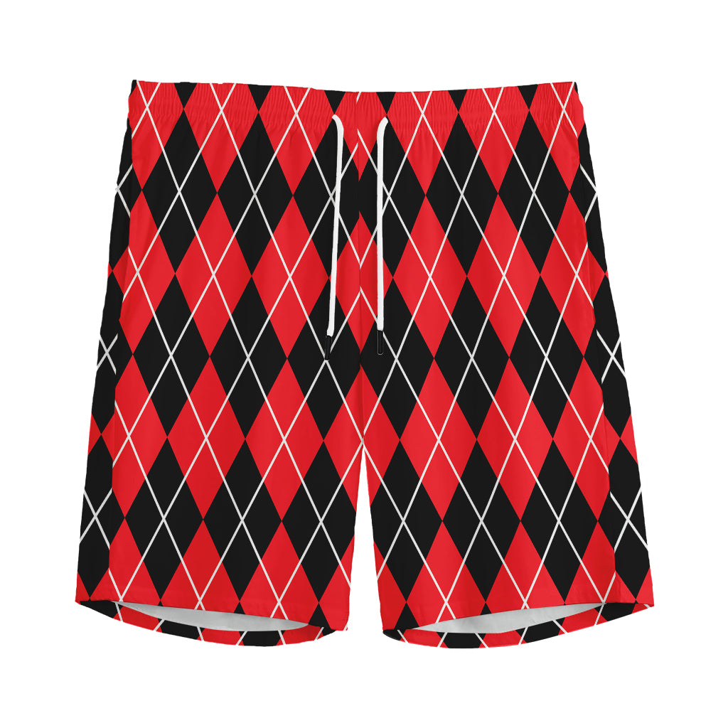 Black And Red Argyle Pattern Print Men's Sports Shorts