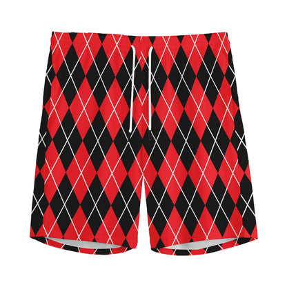 Black And Red Argyle Pattern Print Men's Sports Shorts