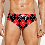 Black And Red Argyle Pattern Print Men's Swim Briefs