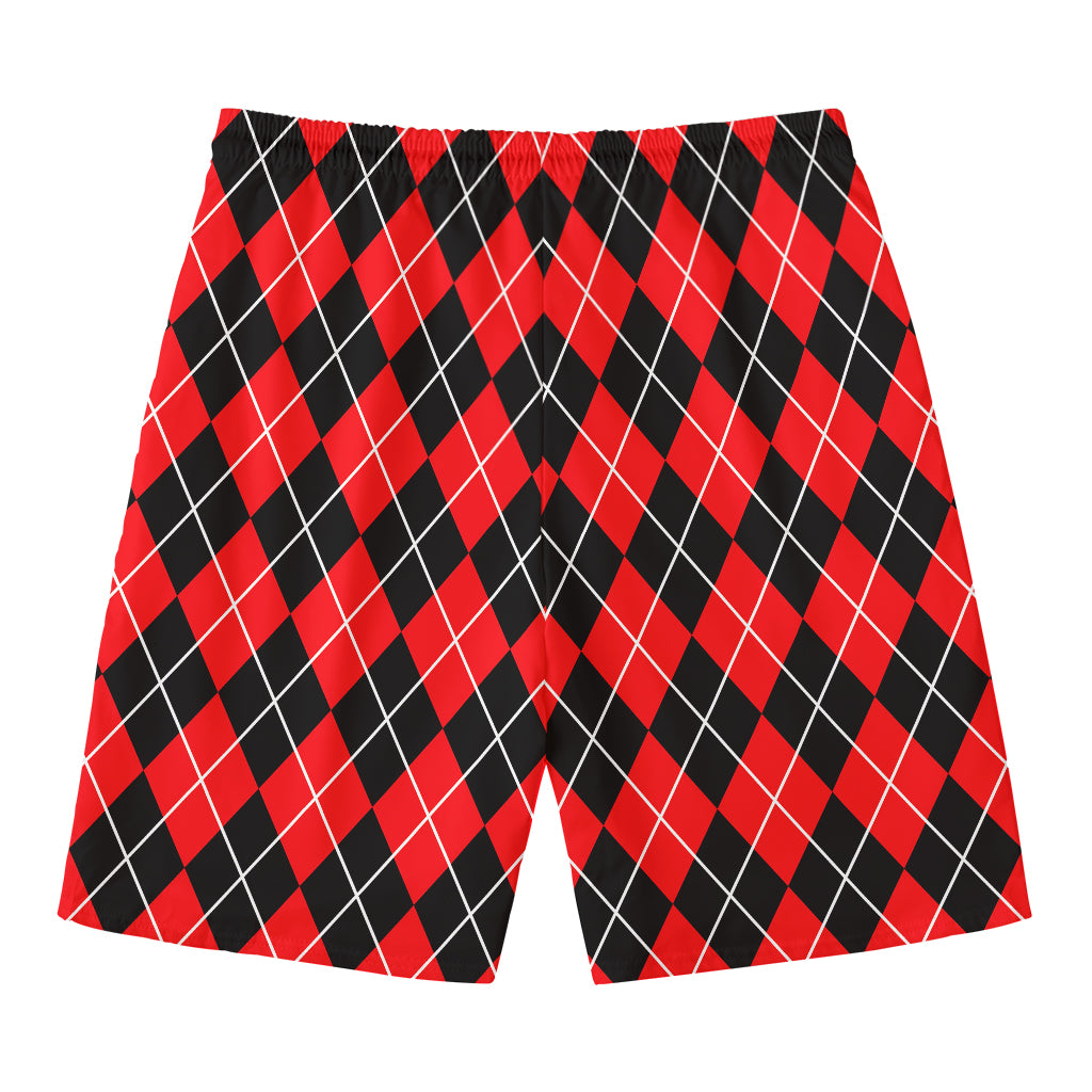 Black And Red Argyle Pattern Print Men's Swim Trunks