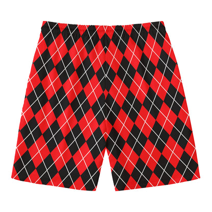 Black And Red Argyle Pattern Print Men's Swim Trunks
