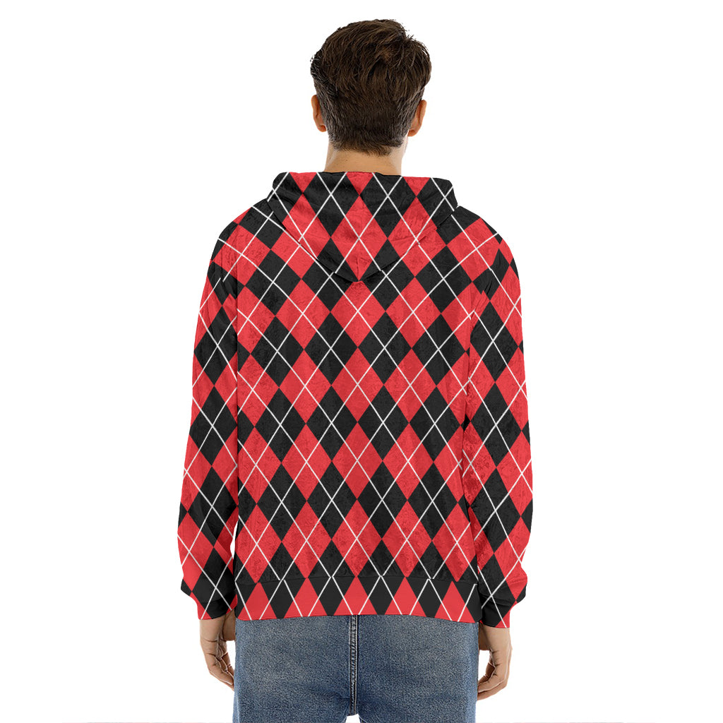 Black And Red Argyle Pattern Print Men's Velvet Pullover Hoodie