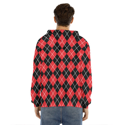 Black And Red Argyle Pattern Print Men's Velvet Pullover Hoodie