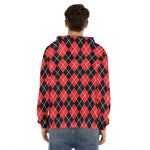 Black And Red Argyle Pattern Print Men's Velvet Pullover Hoodie