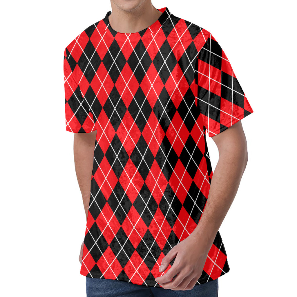 Black And Red Argyle Pattern Print Men's Velvet T-Shirt