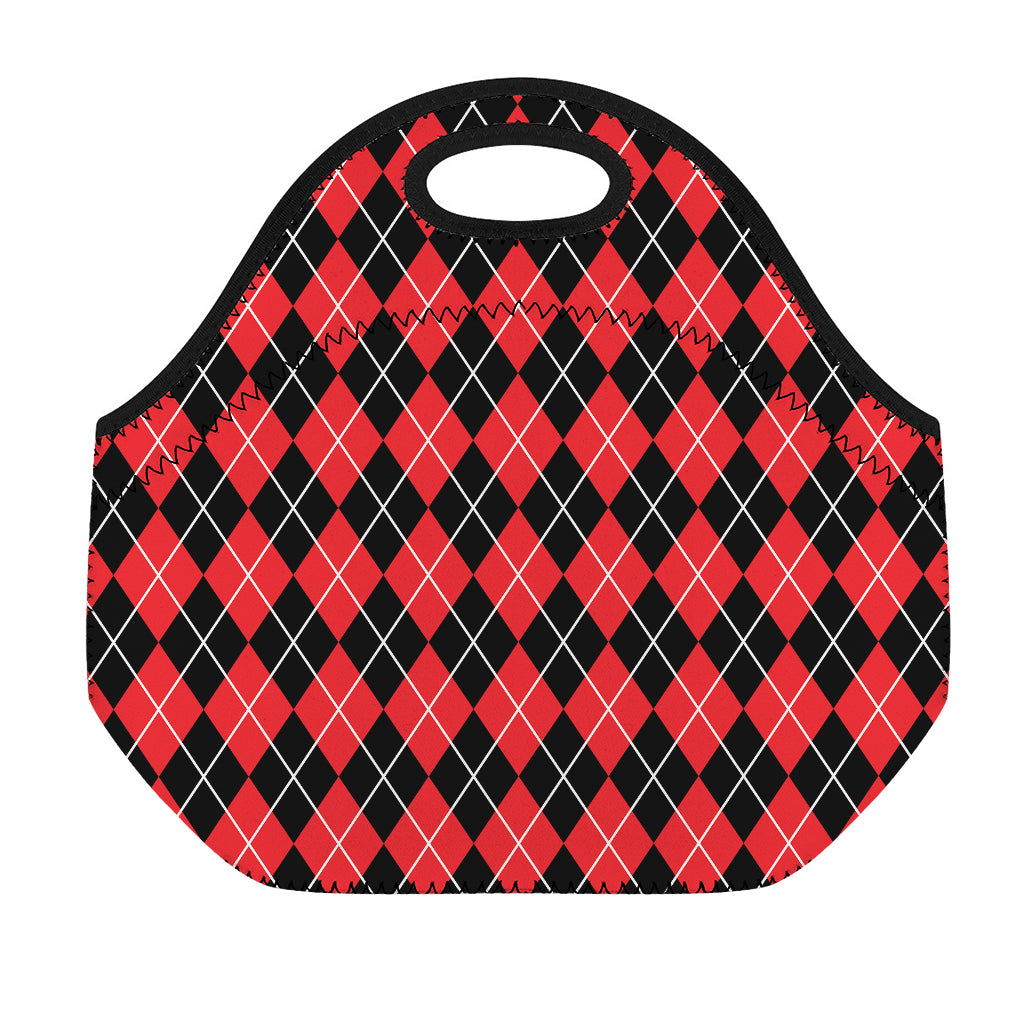 Black And Red Argyle Pattern Print Neoprene Lunch Bag