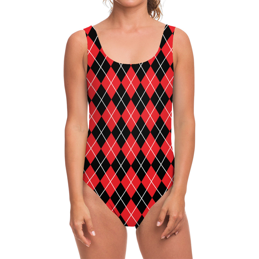 Black And Red Argyle Pattern Print One Piece Swimsuit