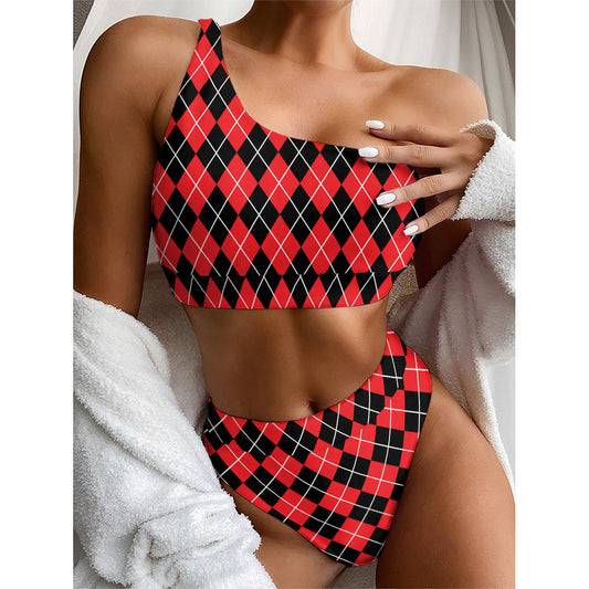 Black And Red Argyle Pattern Print One Shoulder Bikini Top