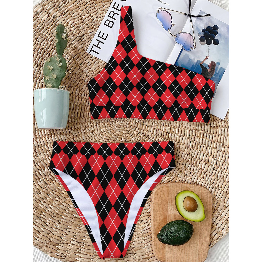 Black And Red Argyle Pattern Print One Shoulder Bikini Top