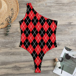 Black And Red Argyle Pattern Print One Shoulder Bodysuit