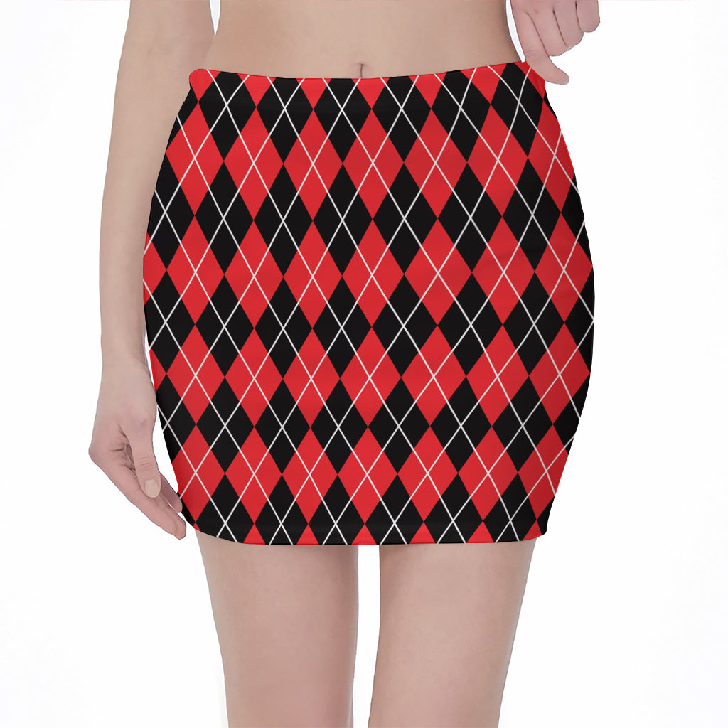 Black And Red Argyle Pattern Print Pencil Mini Skirt