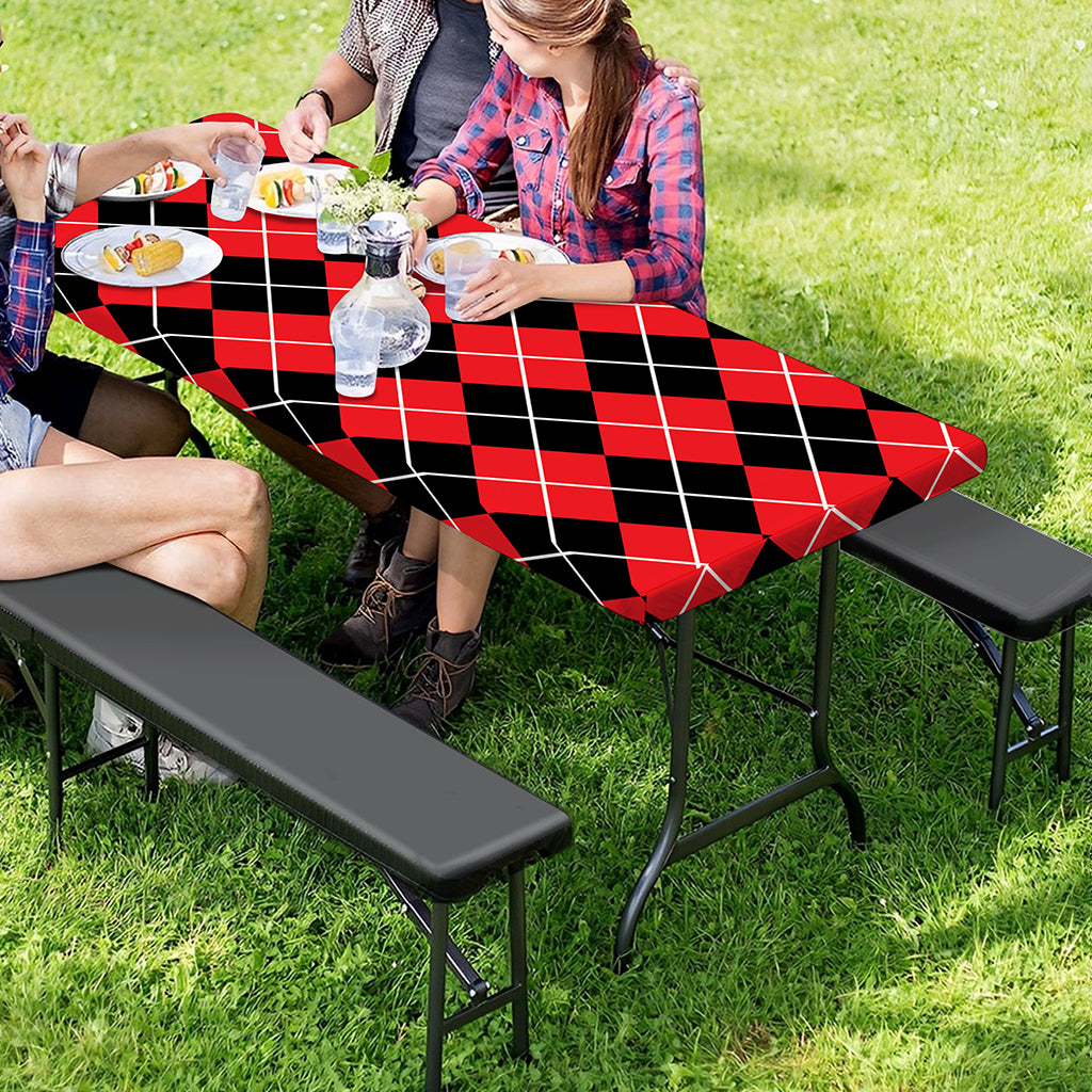 Black And Red Argyle Pattern Print Picnic Table Cover