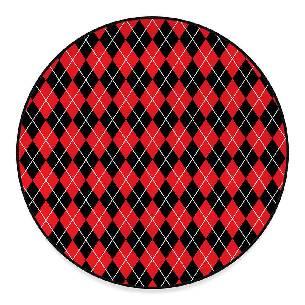 Black And Red Argyle Pattern Print Round Floor Mat
