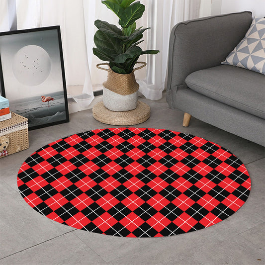 Black And Red Argyle Pattern Print Round Rug