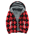 Black And Red Argyle Pattern Print Sherpa Lined Zip Up Hoodie