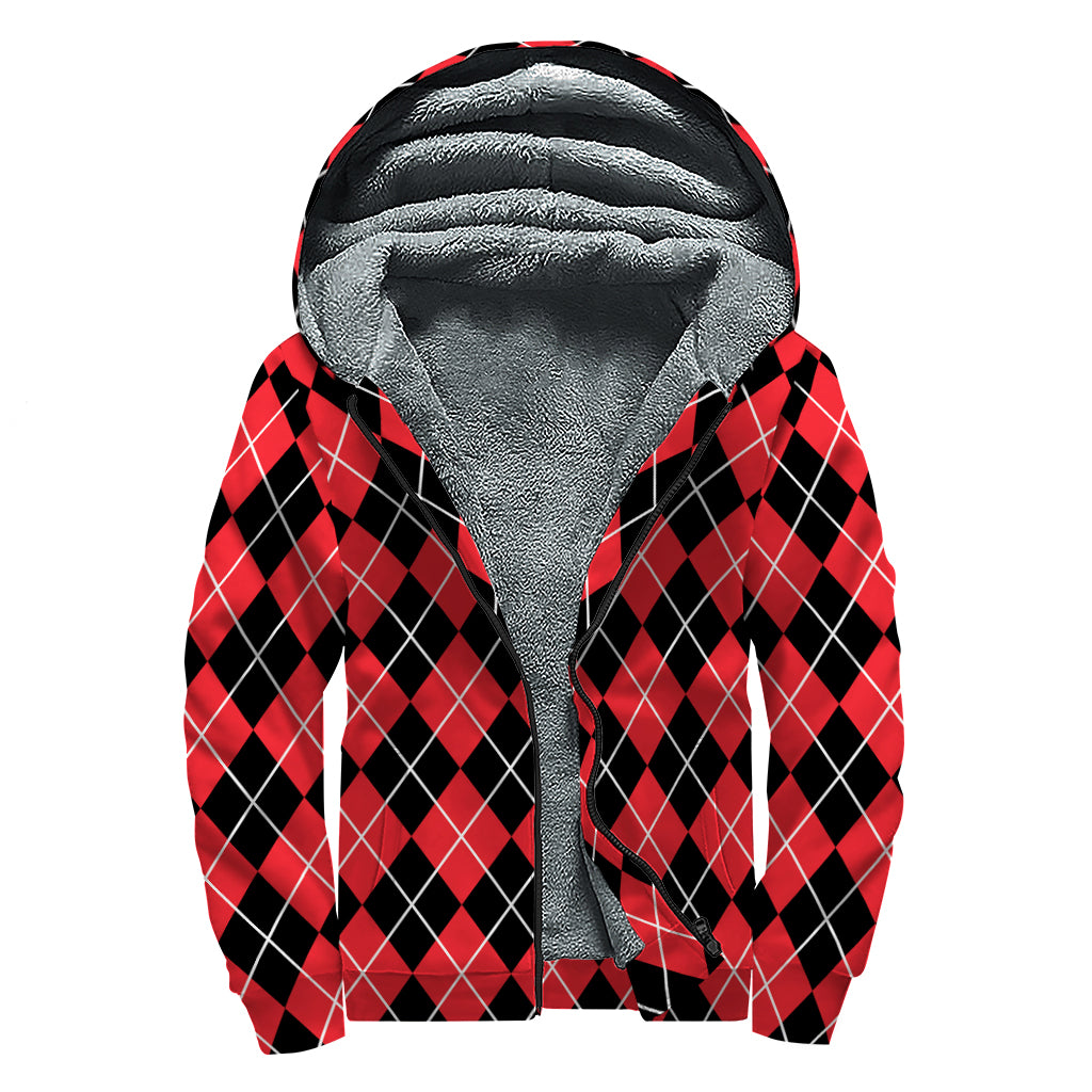 Black And Red Argyle Pattern Print Sherpa Lined Zip Up Hoodie