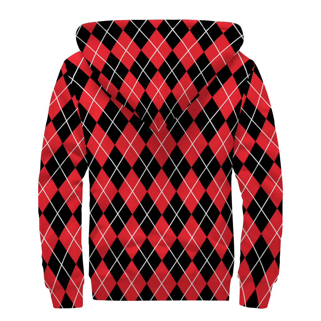 Black And Red Argyle Pattern Print Sherpa Lined Zip Up Hoodie