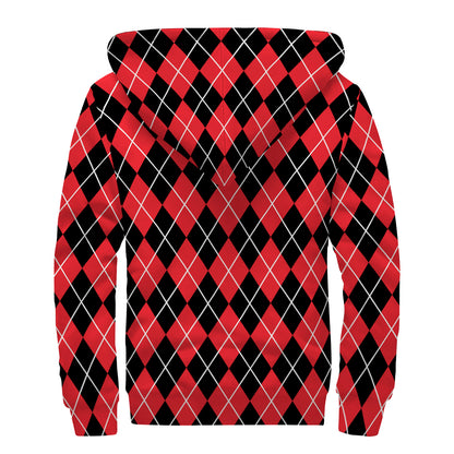 Black And Red Argyle Pattern Print Sherpa Lined Zip Up Hoodie