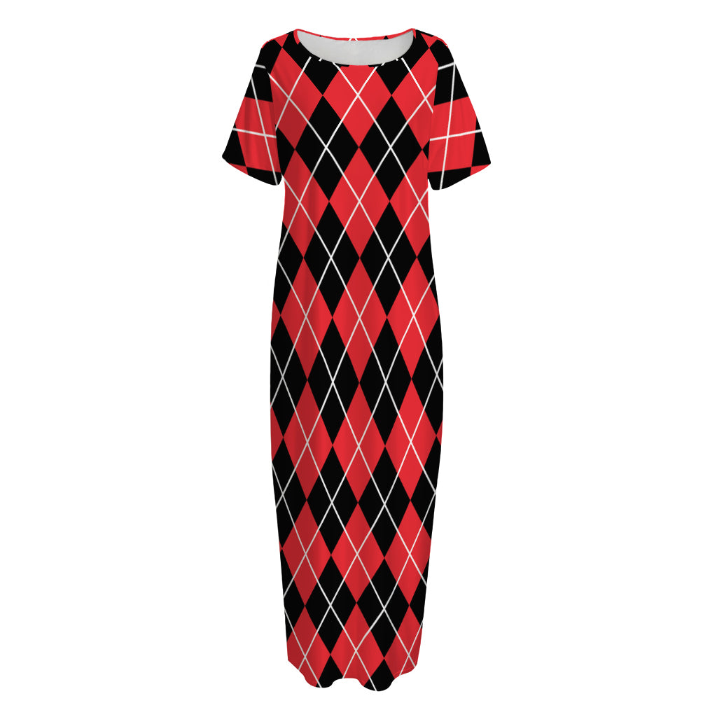 Black And Red Argyle Pattern Print Short Sleeve Long Nightdress