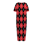 Black And Red Argyle Pattern Print Short Sleeve Long Nightdress