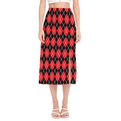 Black And Red Argyle Pattern Print Side Slit Midi Skirt