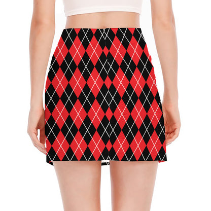 Black And Red Argyle Pattern Print Side Slit Mini Skirt