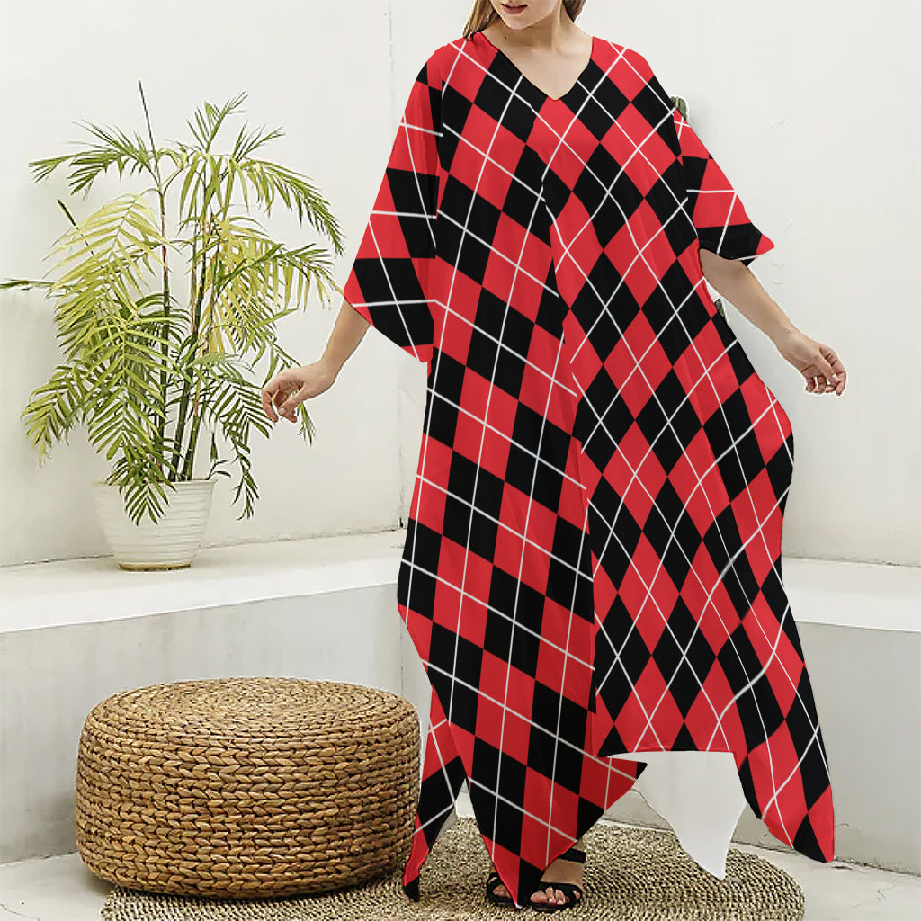 Black And Red Argyle Pattern Print Silk V-Neck Kaftan Dress