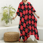Black And Red Argyle Pattern Print Silk V-Neck Kaftan Dress