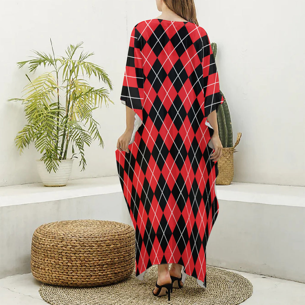Black And Red Argyle Pattern Print Silk V-Neck Kaftan Dress