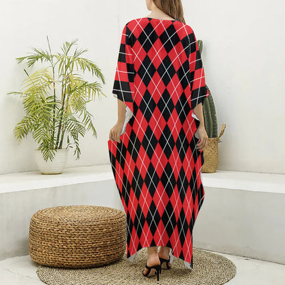Black And Red Argyle Pattern Print Silk V-Neck Kaftan Dress