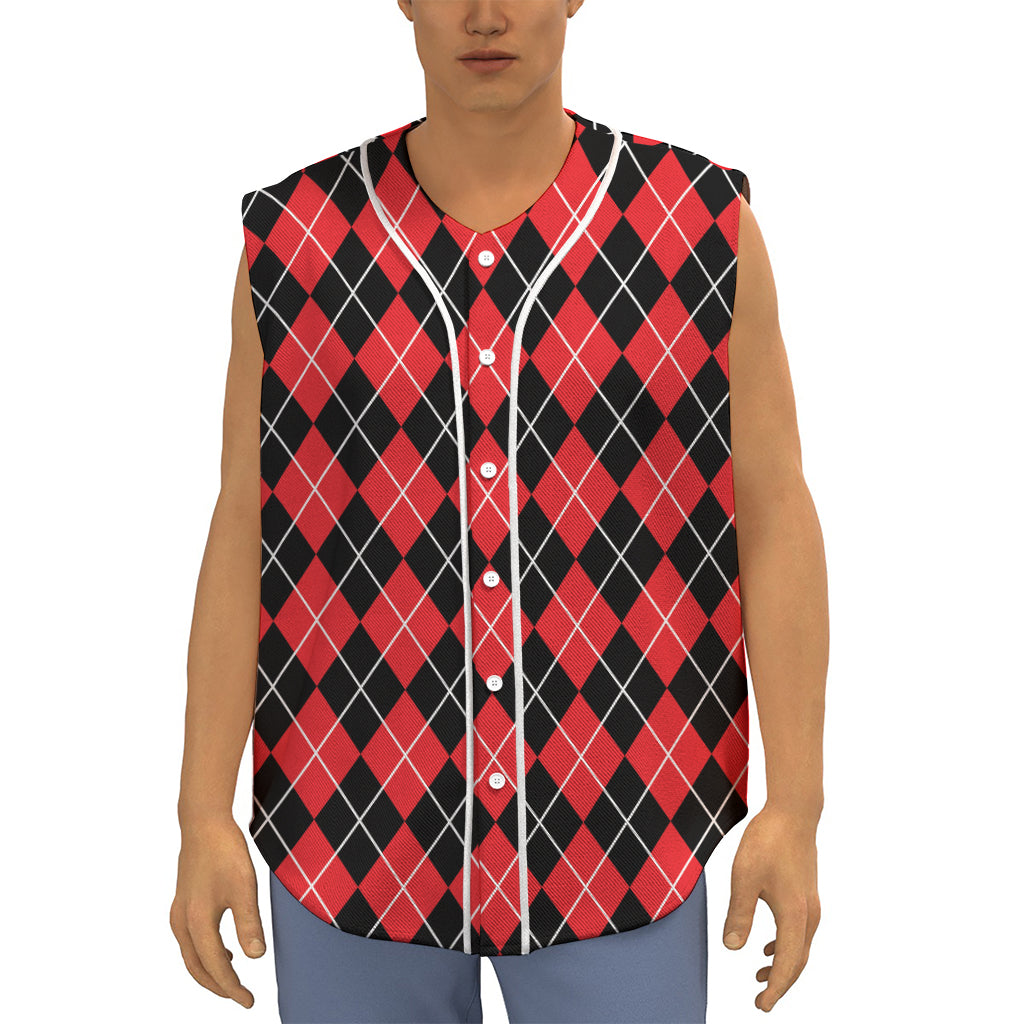 Black And Red Argyle Pattern Print Sleeveless Baseball Jersey