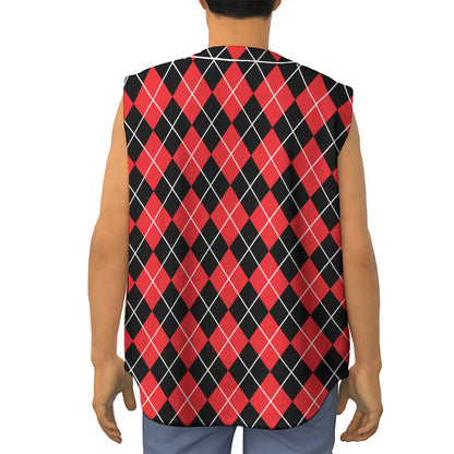 Black And Red Argyle Pattern Print Sleeveless Baseball Jersey