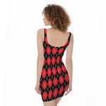 Black And Red Argyle Pattern Print Sleeveless Bodycon Dress