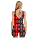 Black And Red Argyle Pattern Print Sleeveless One Piece Swimsuit