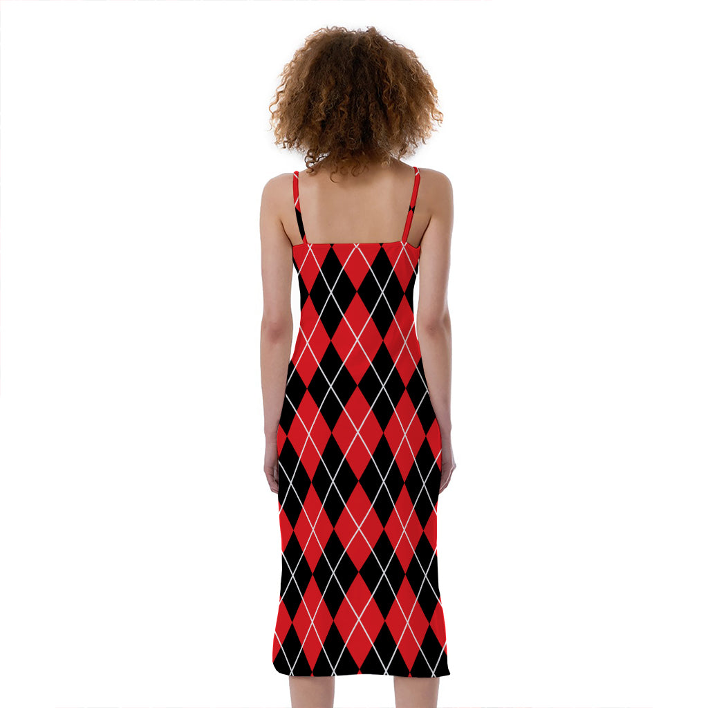 Black And Red Argyle Pattern Print Slim Fit Midi Cami Dress